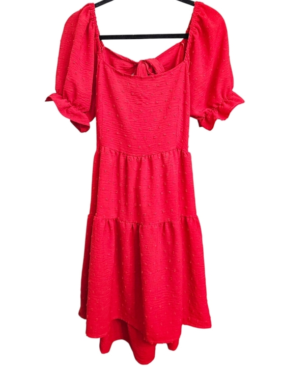Dresses & Skirts - Red Textured Dots Scoop Neck Open Back Ruffle Bubble Sleeve Hi-Lo Dress Large